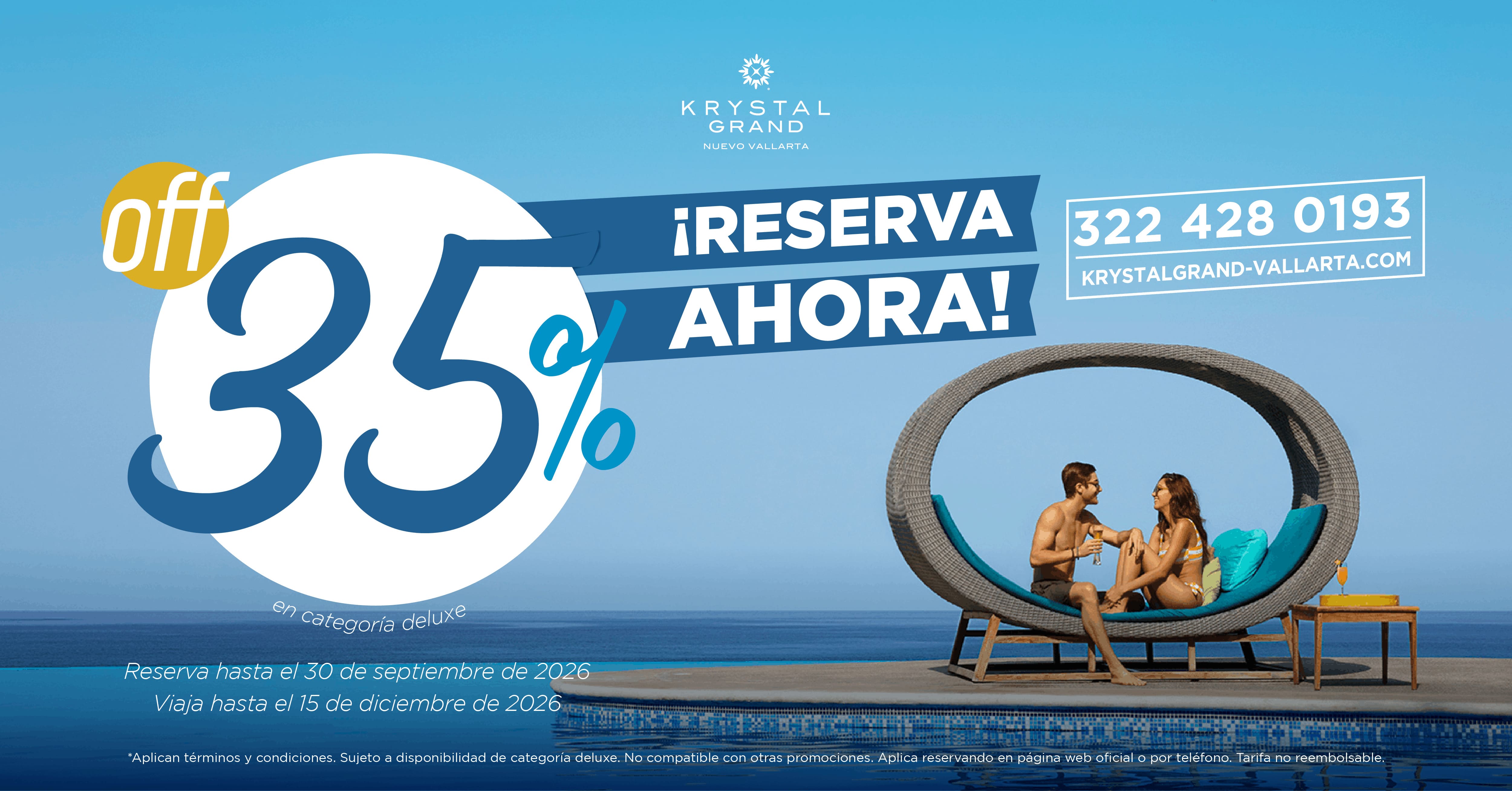 Banner de oferta especial en Krystal Grand Nuevo Vallarta con 35% OFF en habitaciones Deluxe.
